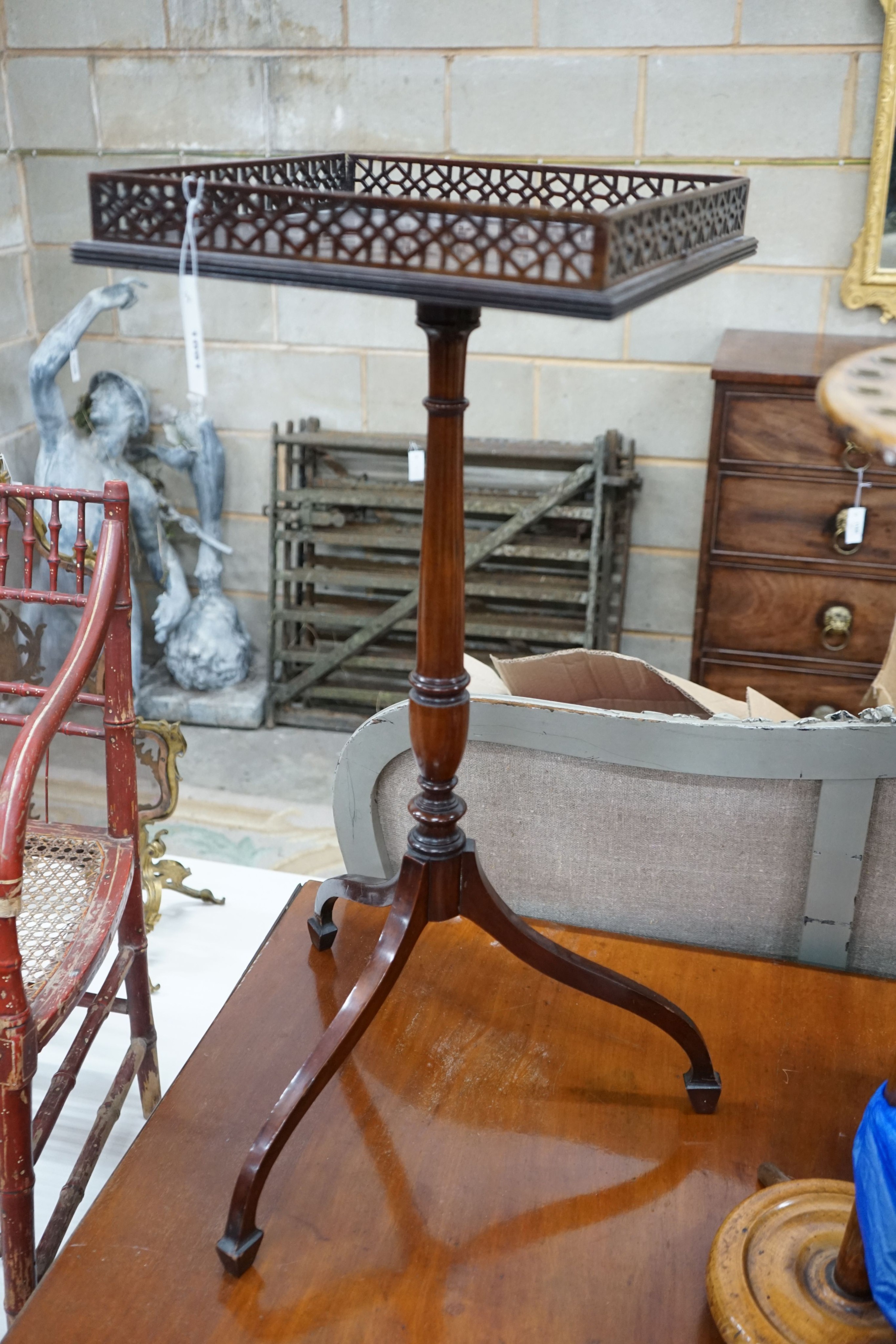 A George III style mahogany galleried tripod wine table, width 36cm, height 81cm